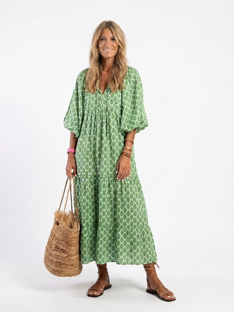 Apolline | Midi Dress with V-Neck and Three-Quarter Sleeves in Patterned Design