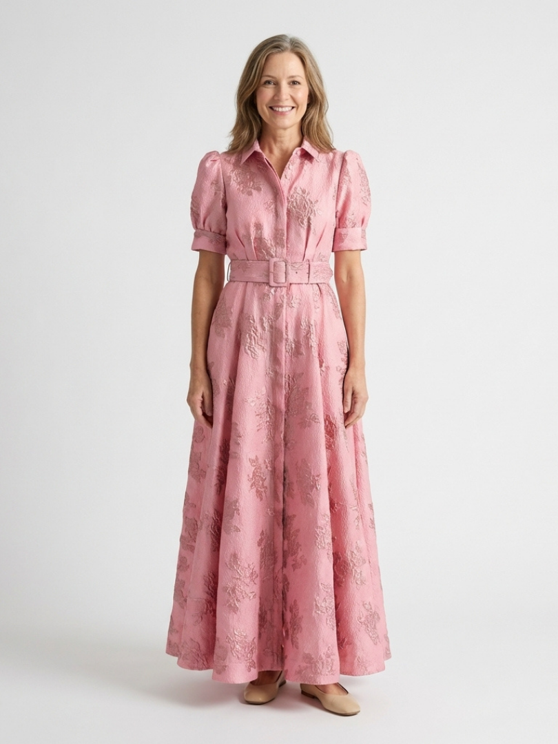 Xanthea | Tailored Floral Textured Maxi Shirt Dress with Short Sleeves