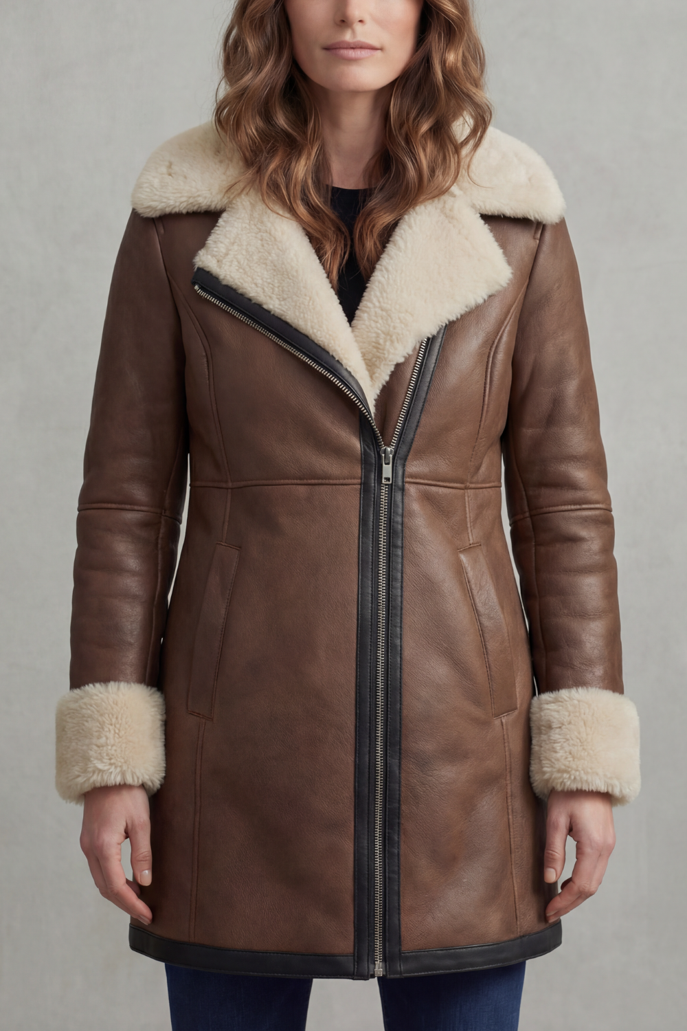 Elisara | Women's Shearling Collar Leather Winter Coat