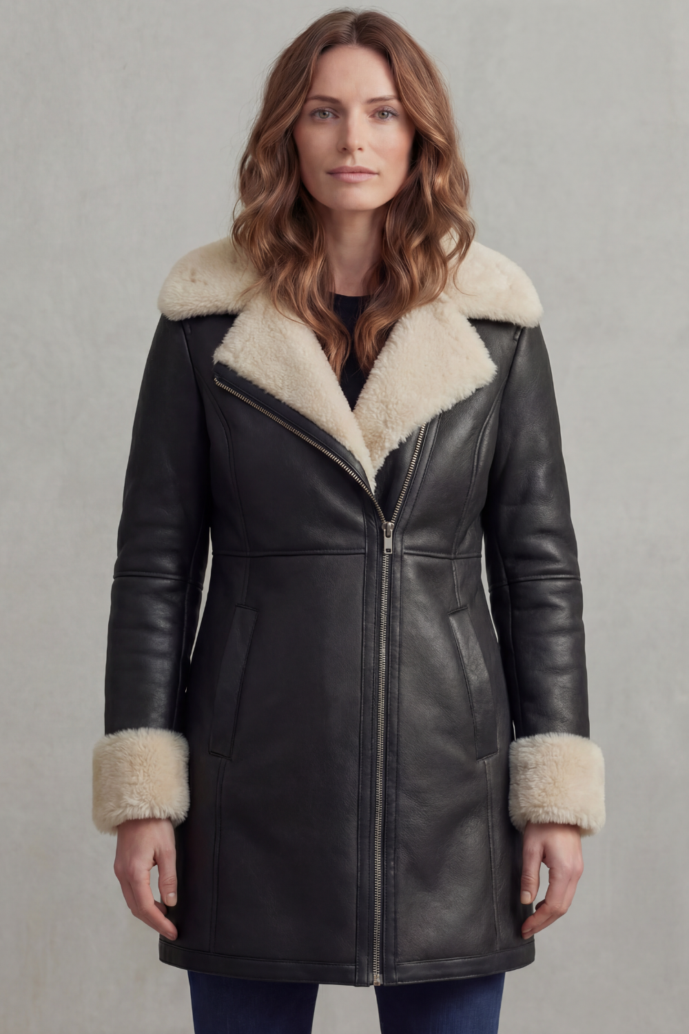 Elisara | Women's Shearling Collar Leather Winter Coat