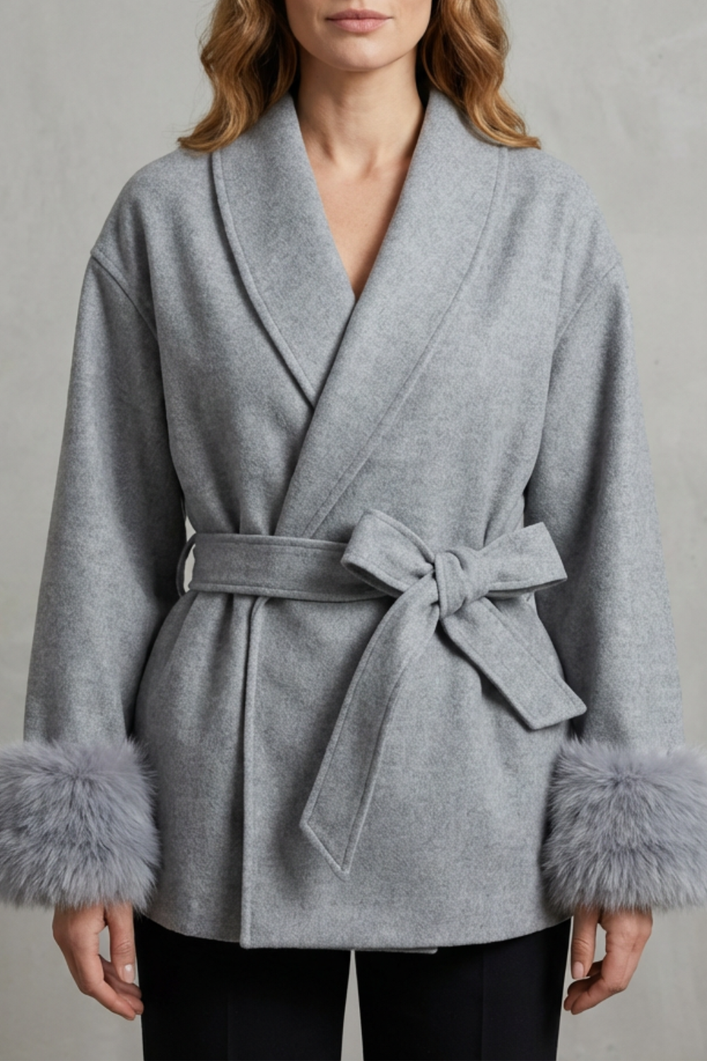 Elodie | Women's Luxe Woolen Coat with Faux Fur Cuffs & Belted Wrap Design