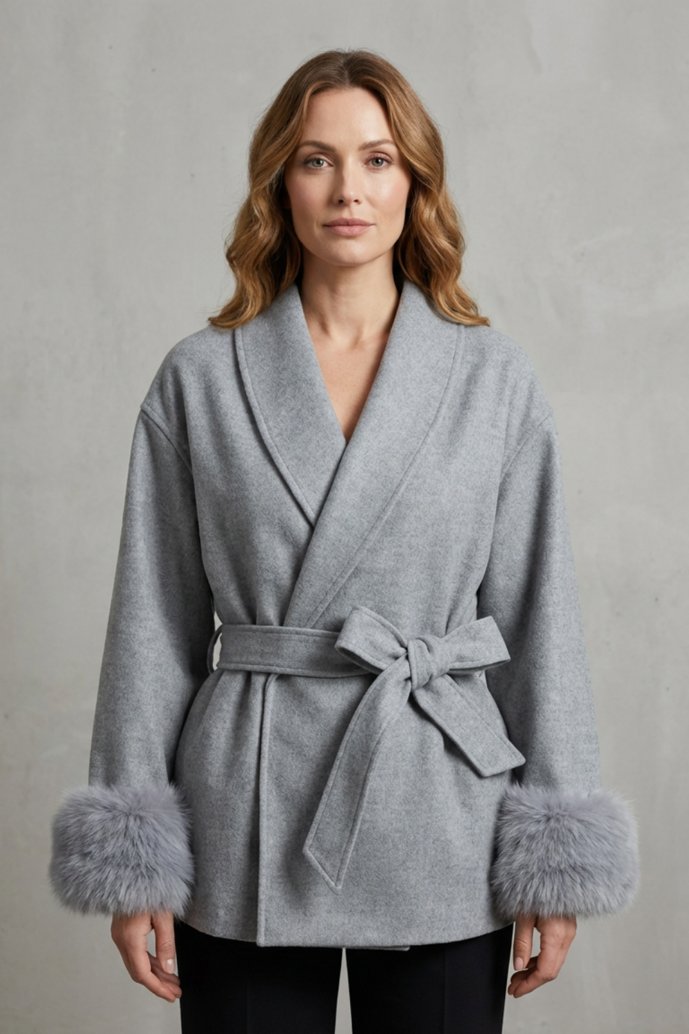 Elodie | Women's Luxe Woolen Coat with Faux Fur Cuffs & Belted Wrap Design