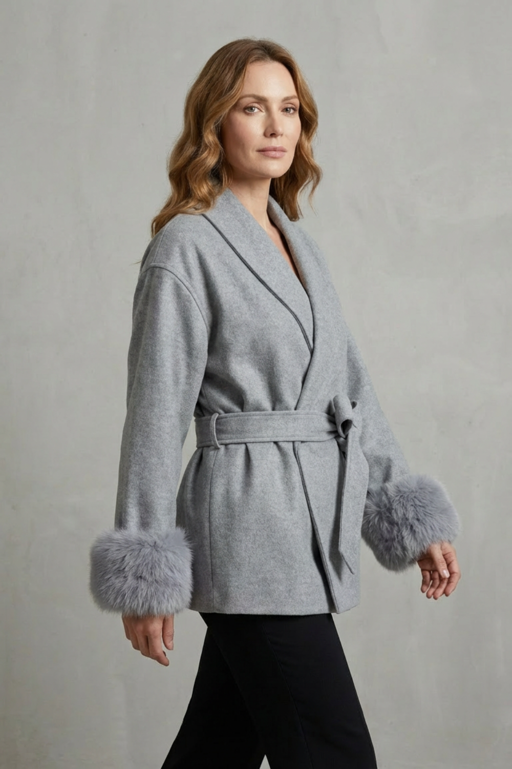 Elodie | Women's Luxe Woolen Coat with Faux Fur Cuffs & Belted Wrap Design