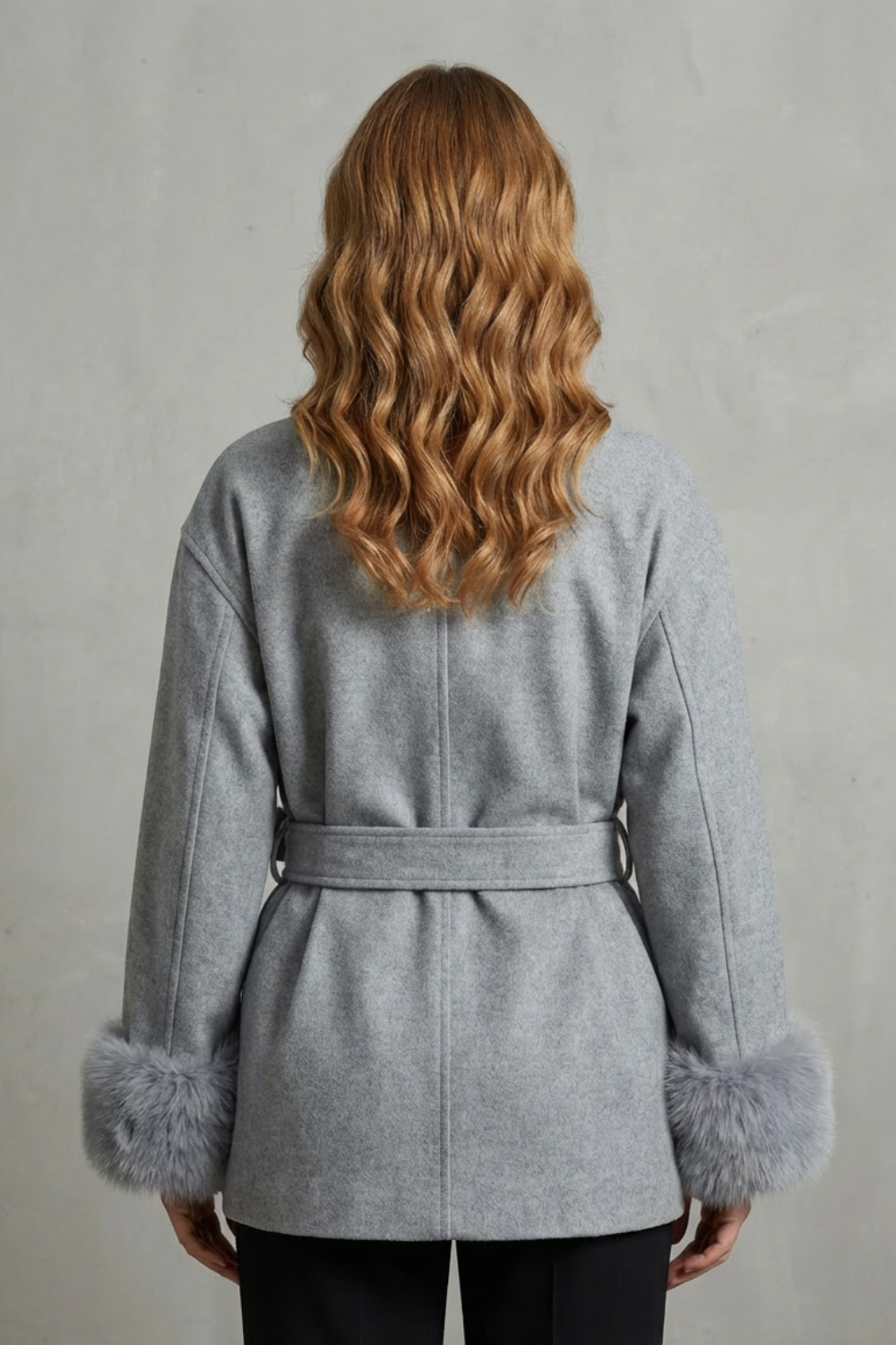 Elodie | Women's Luxe Woolen Coat with Faux Fur Cuffs & Belted Wrap Design
