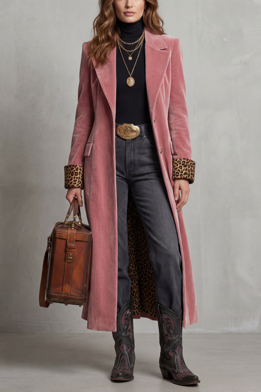 Lusavine | Women's Leopard-lined Velvet Elegance Long Coat