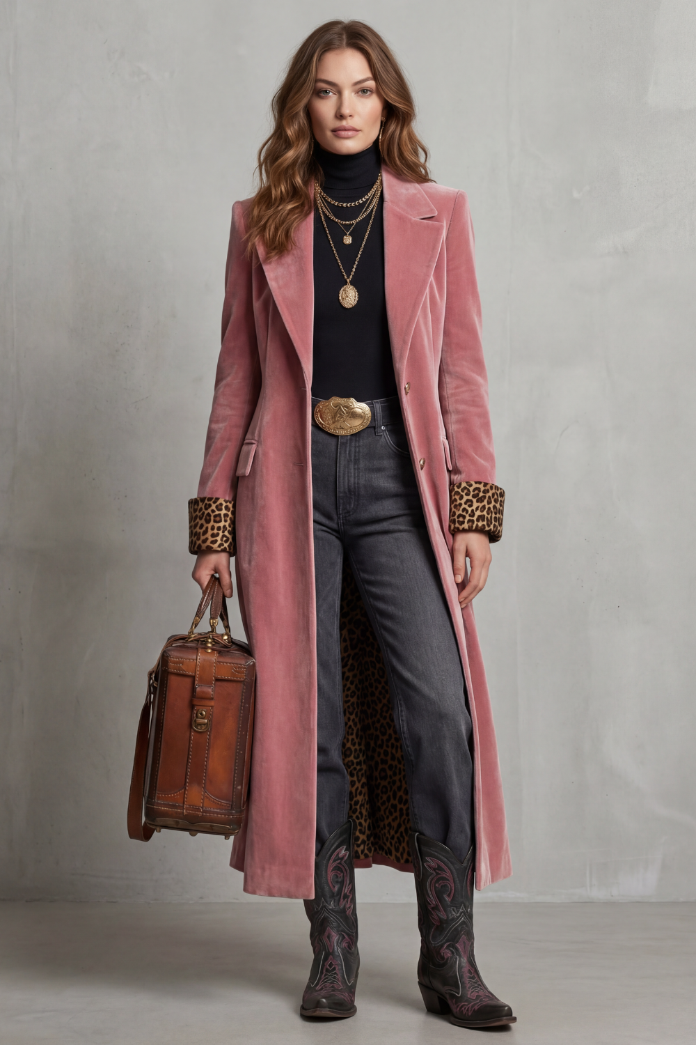 Lusavine | Women's Leopard-lined Velvet Elegance Long Coat