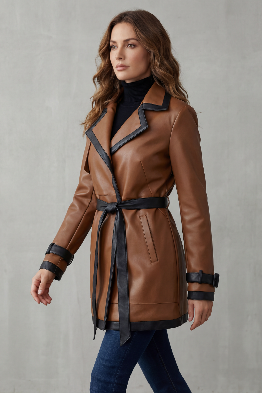 Mirella | Women's Contrast Trim Wrap Belted Faux Leather Trench Coat