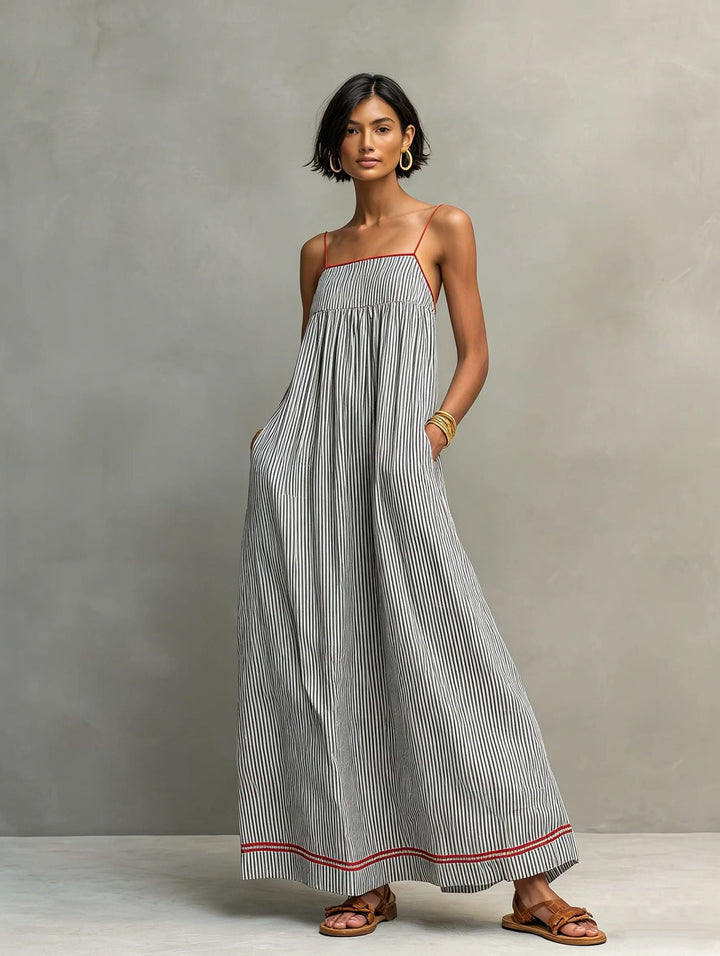 Hyselle - Vestido largo para damas con finas rayas y tirantes de spaghetti
