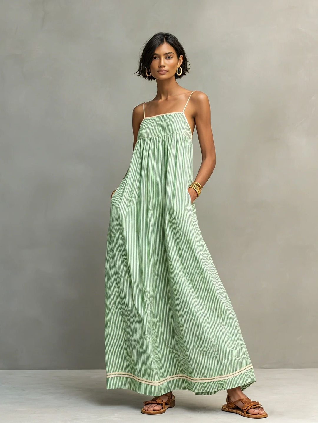 Hyselle - Vestido largo para damas con finas rayas y tirantes de spaghetti