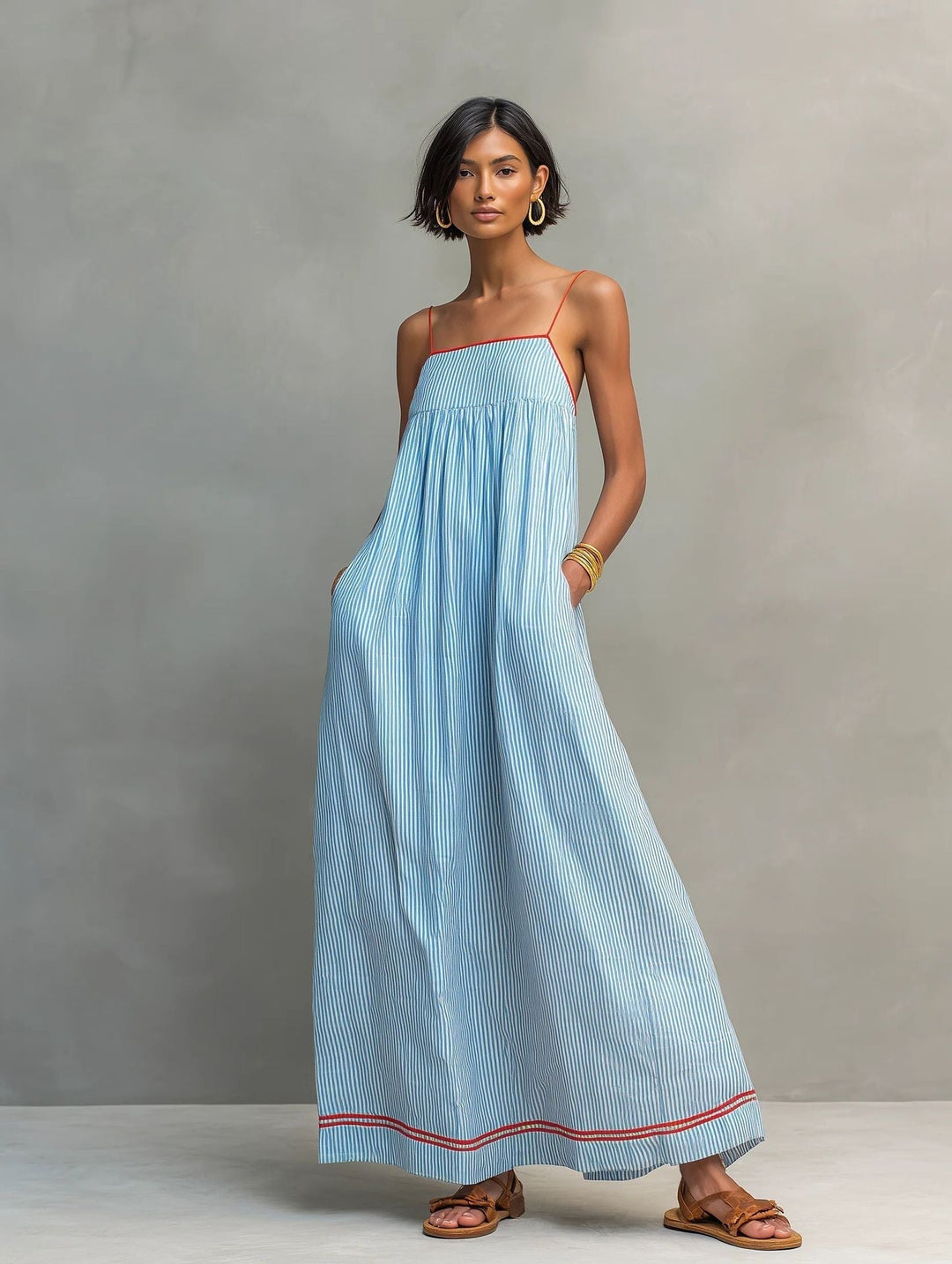 Hyselle - Vestido largo para damas con finas rayas y tirantes de spaghetti