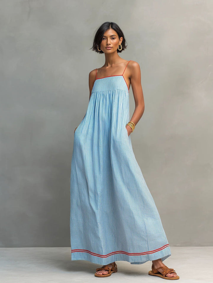 Hyselle - Vestido largo para damas con finas rayas y tirantes de spaghetti