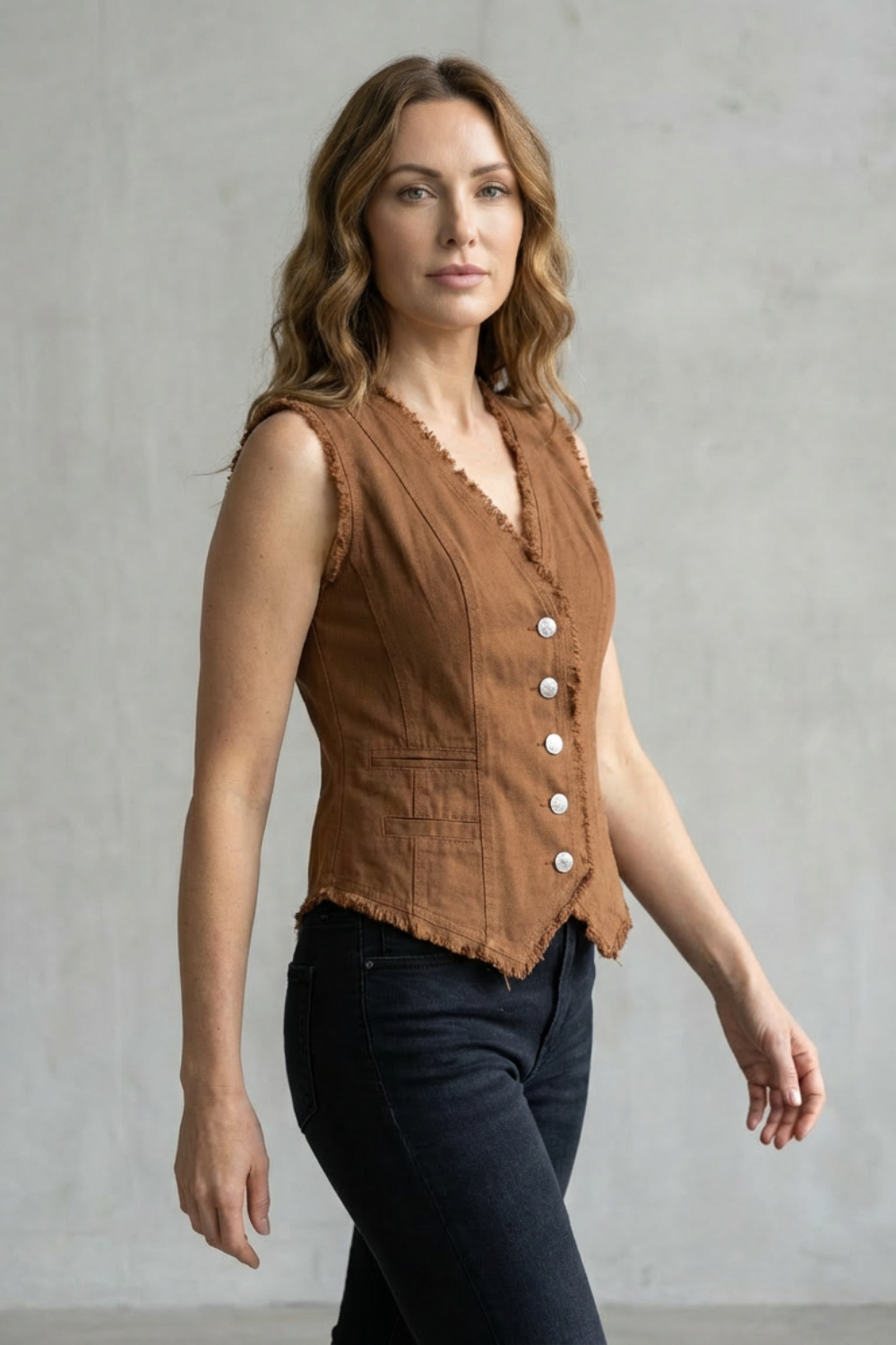 Ravelle | Women's Distressed Button Denim Vest Western-Inspired Statement Piece
