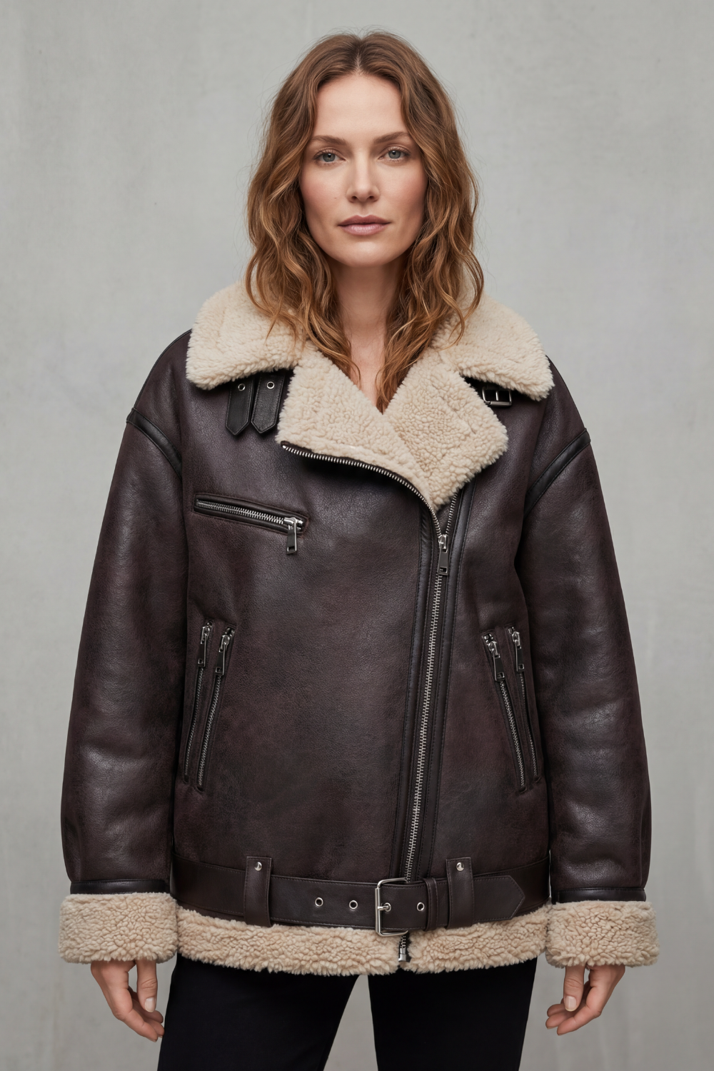 Rouxvelle | Women's Belted Shearling Trim Aviator Coat
