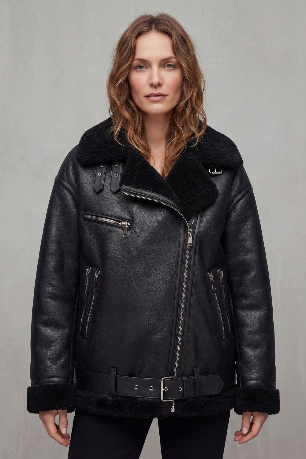 Rouxvelle | Women's Belted Shearling Trim Aviator Coat