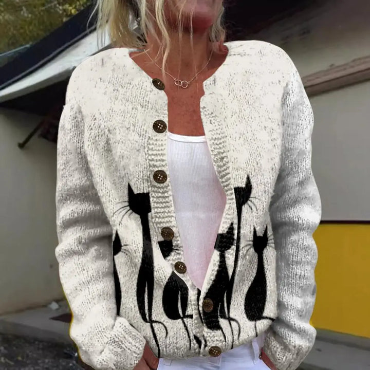 Josie | Women's vest with round neck, long sleeves and cat print