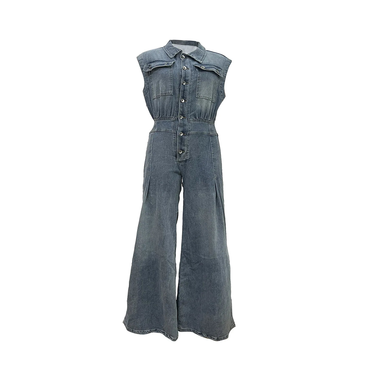Stella | Cinched-Waist Wide Leg Denim Jumpsuit