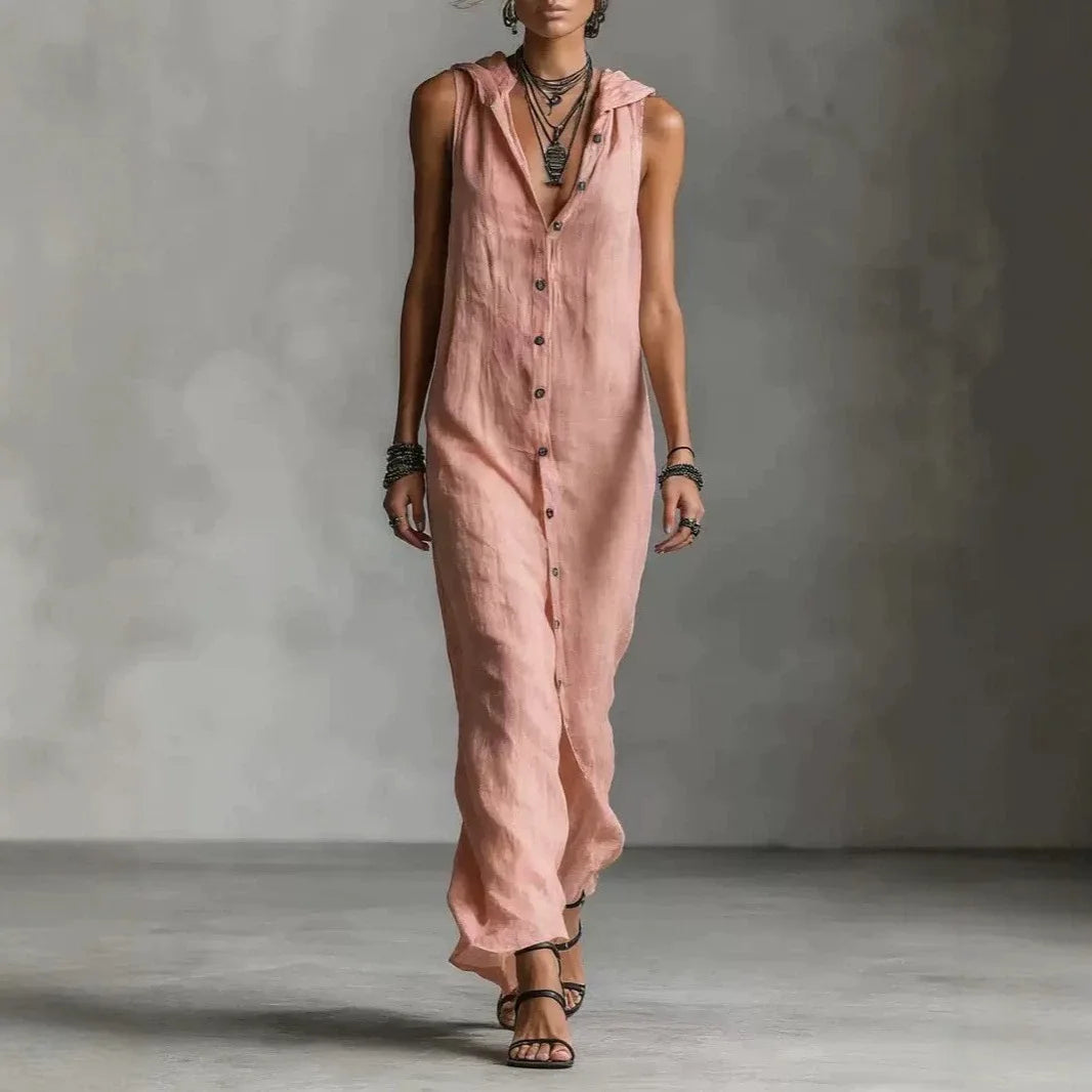 Jesse | Nuevos vestidos de verano de color sólido con botón, abertura, sin mangas, largos