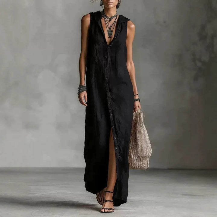 Jesse | Nuevos vestidos de verano de color sólido con botón, abertura, sin mangas, largos