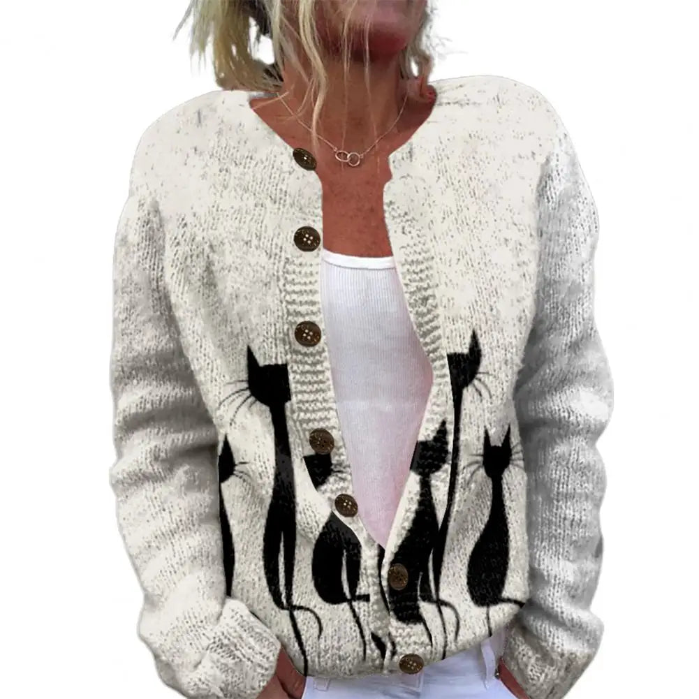 Josie | Women's vest with round neck, long sleeves and cat print