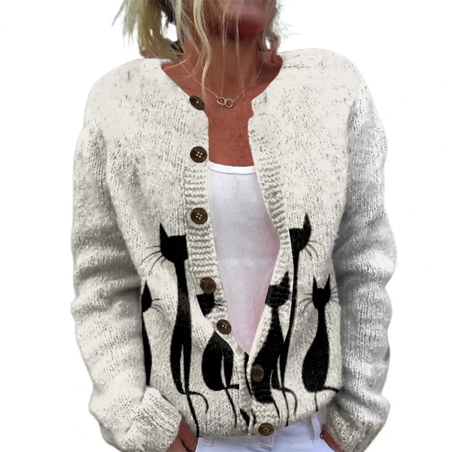 Josie | Women's vest with round neck, long sleeves and cat print