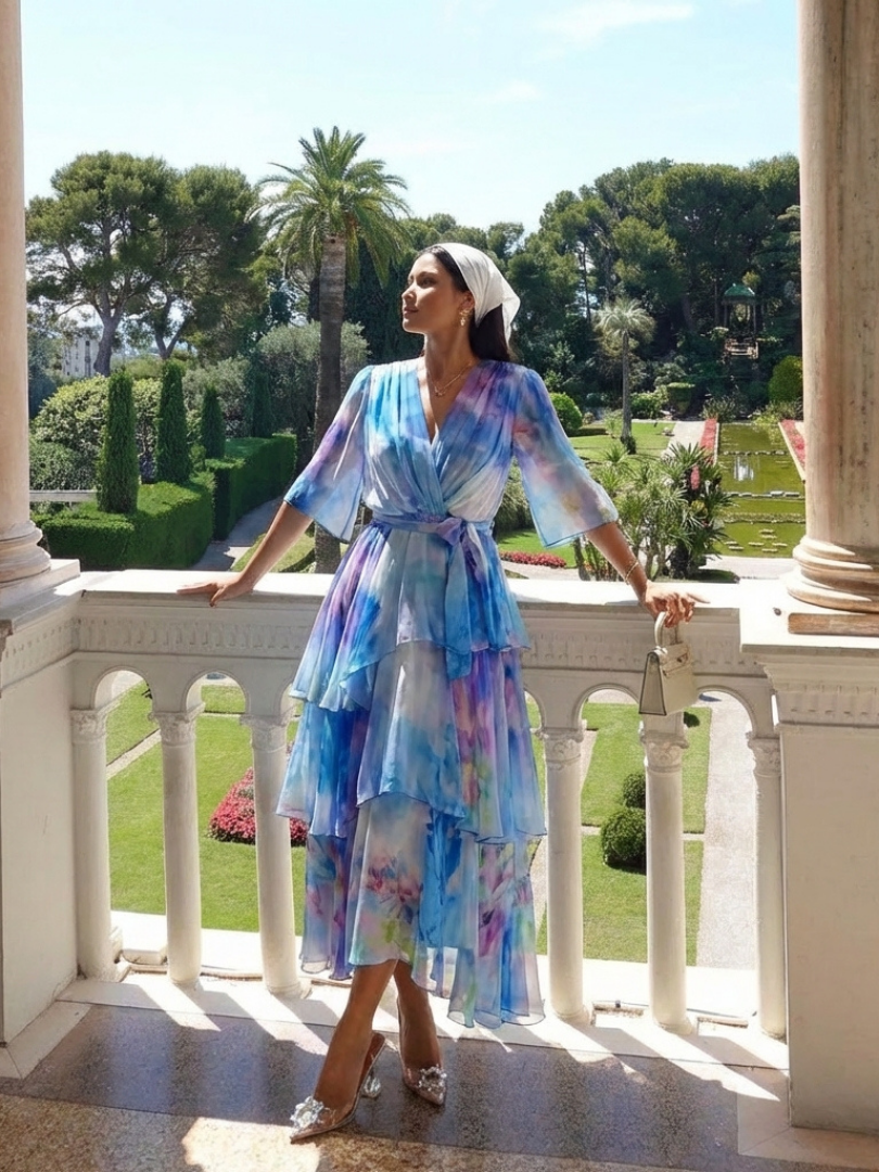 Calista | V-Neck Maxi Dress with Sheer Layered Design and Tie Belt