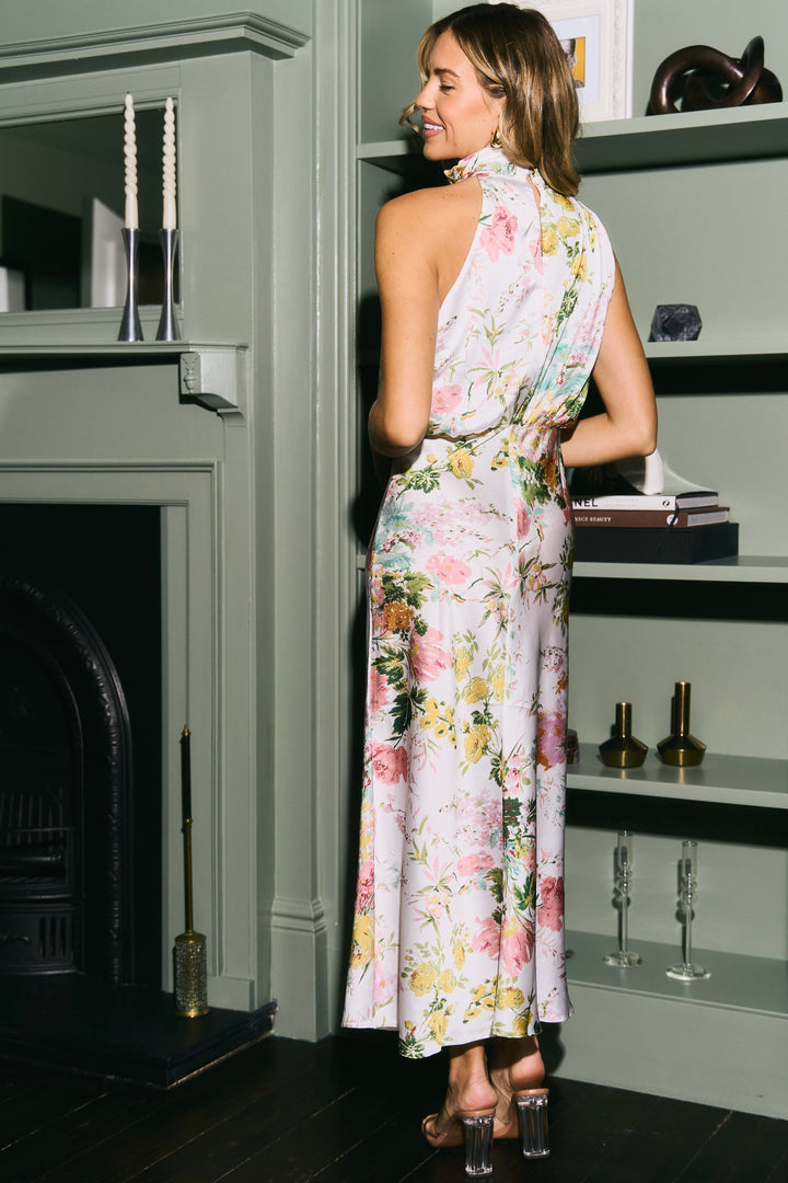 Iris | Ruched Asymmetric High Neck Satin Midi Dress
