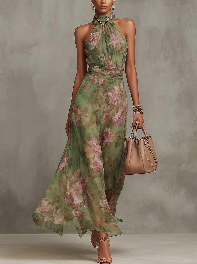 Jazina | Green Maxi Chiffon Dress with Halter Neck