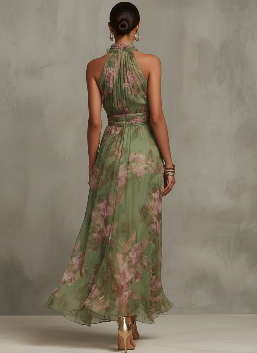 Jazina | Green Maxi Chiffon Dress with Halter Neck