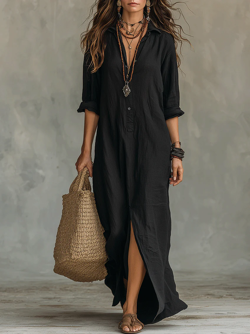 Alessia - Elegant Black Maxi Dress Featuring Button Details