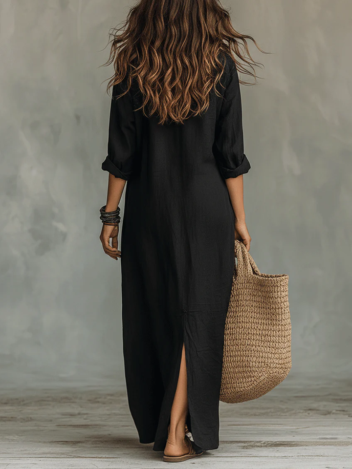 Alessia - Elegant Black Maxi Dress Featuring Button Details