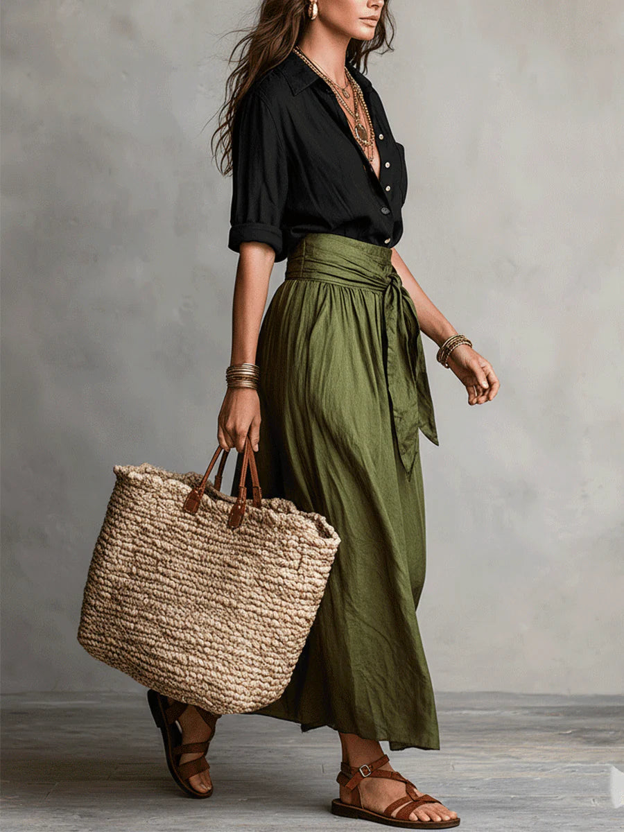 Vera – Two Piece Set: Black T-shirt and Olive Green Midi Skirt
