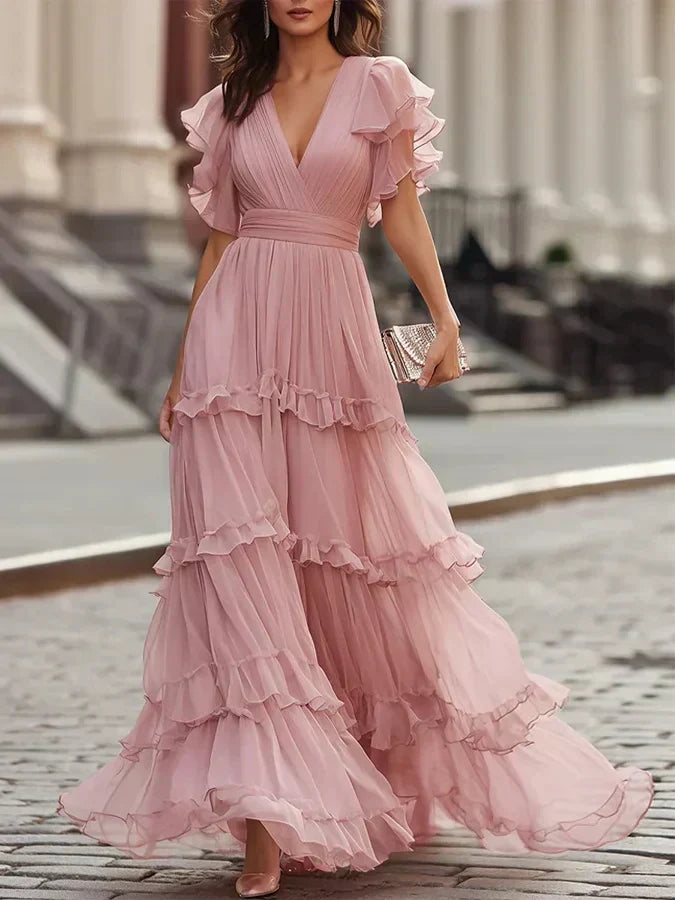 Brielle | V-Neck Short Sleeve Tiered Midi Dress