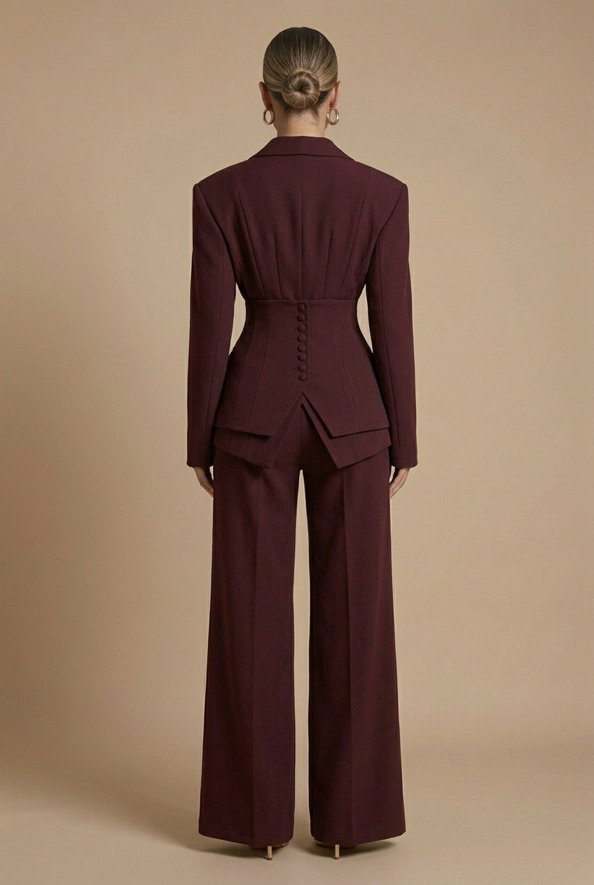 Women's Tailored Two Piece Suit - Peaked Lapel - Wide-Leg Trousers