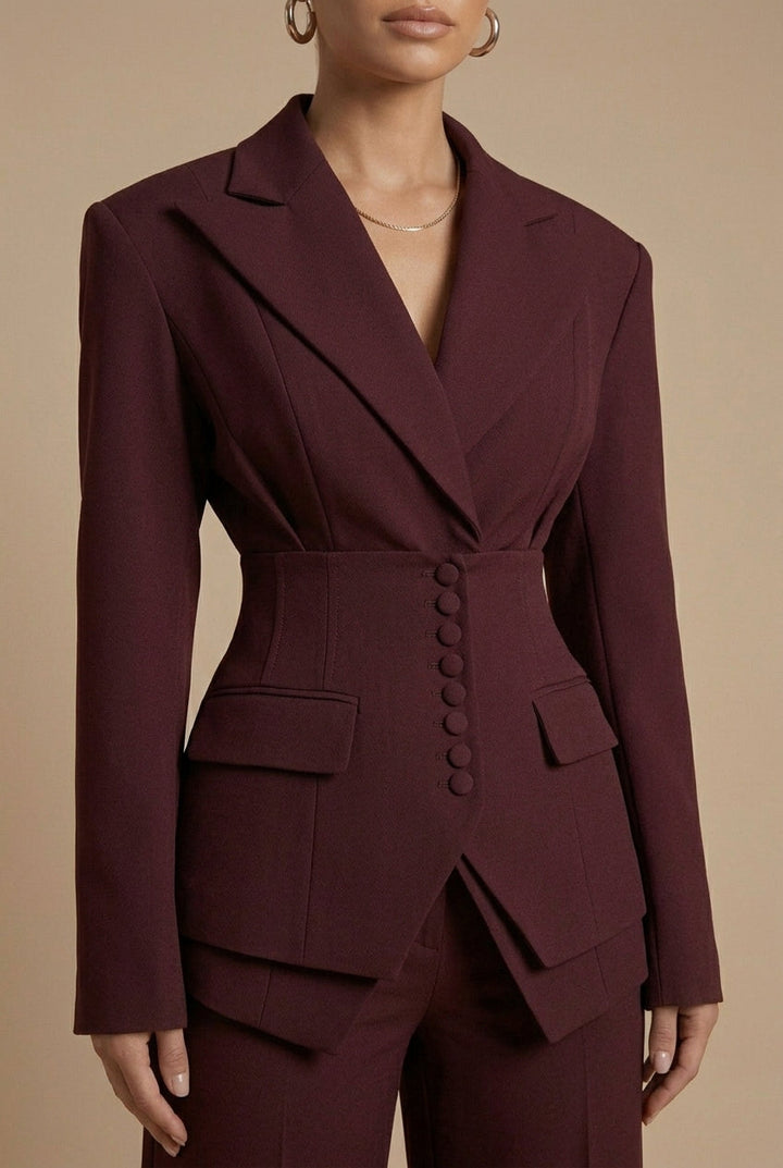 Women's Tailored Two Piece Suit - Peaked Lapel - Wide-Leg Trousers
