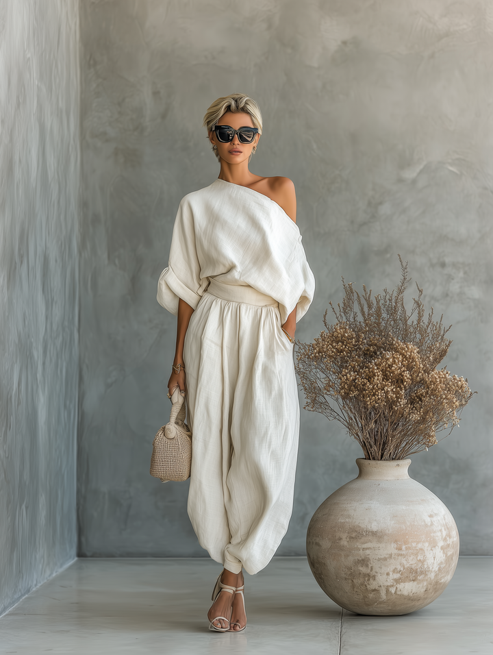 Lisa | Off-Shoulder Soft Top with Fitted Trousers Ensemble