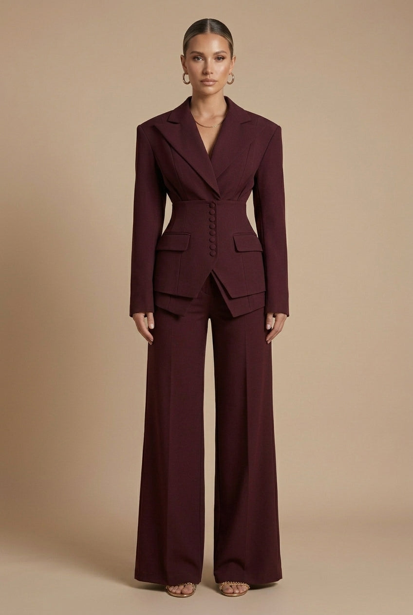 Women's Tailored Two Piece Suit - Peaked Lapel - Wide-Leg Trousers