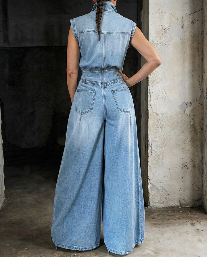 Stella | Cinched-Waist Wide Leg Denim Jumpsuit
