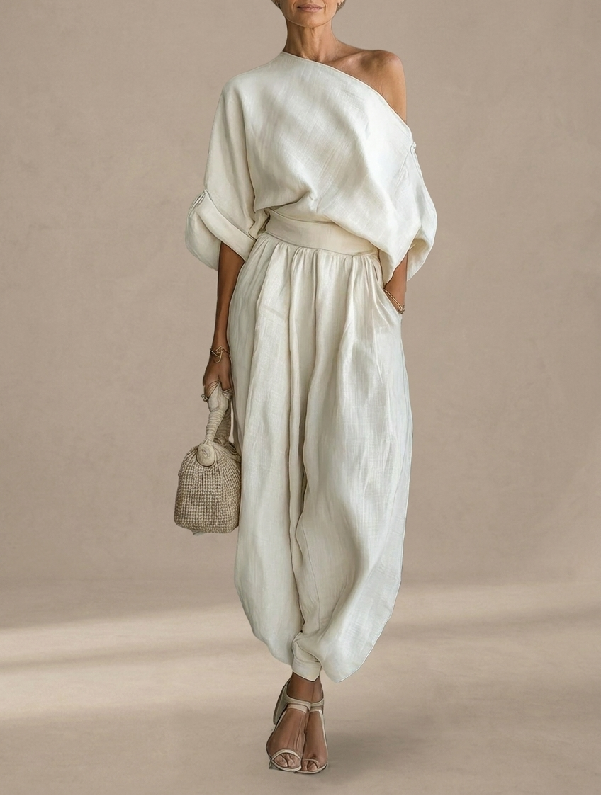 Lisa | Off-Shoulder Soft Top with Fitted Trousers Ensemble