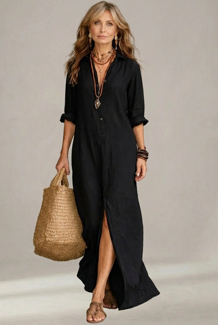Soline | Relaxed V-Neck Maxi Dress with Button Details