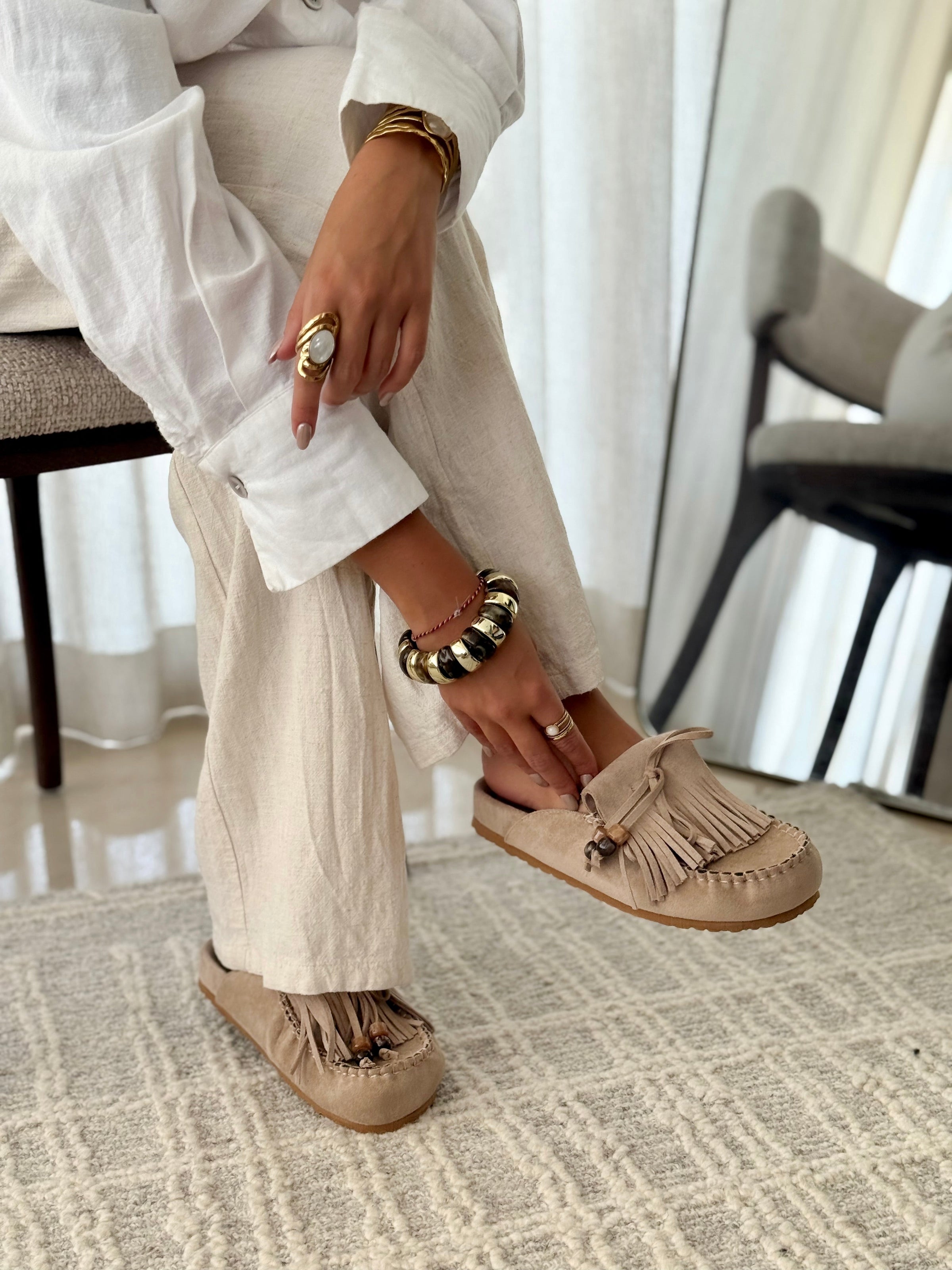Hilda - Suede Fringe Slip-On Mules