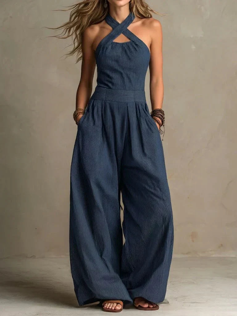 Bianca | Elegant Cross Neckline Jumpsuit in Linen and Cotton Blend