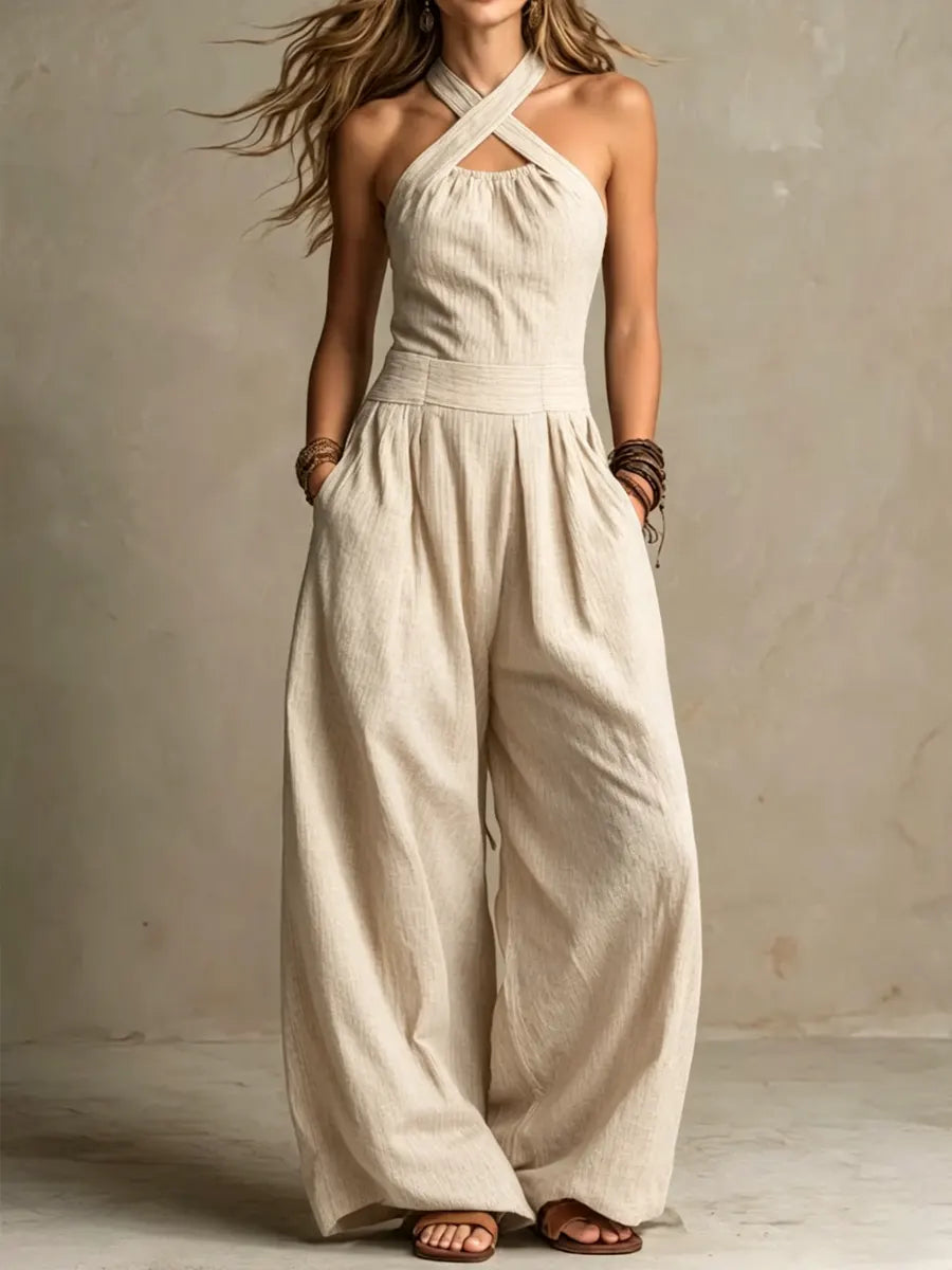 Bianca | Elegant Cross Neckline Jumpsuit in Linen and Cotton Blend