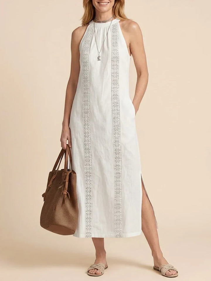 Jimena | Linen Midi Dress Featuring Mao Collar