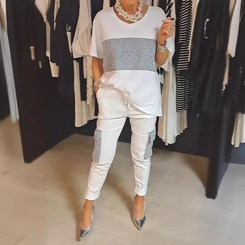 Caroline - Two-Piece Short Sleeve Patchwork T-shirt & Trouser Set