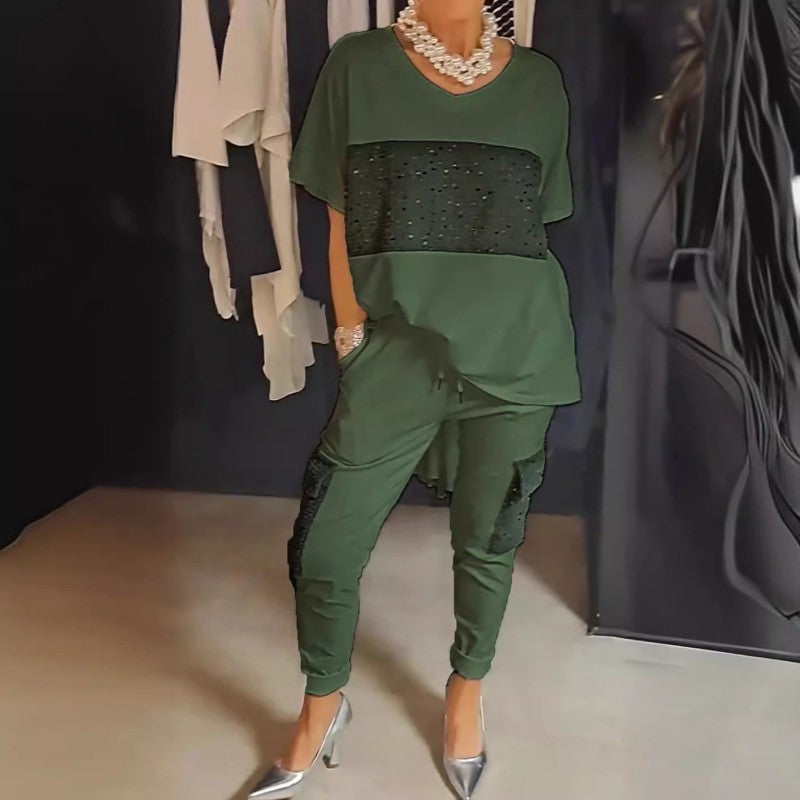 Caroline - Two-Piece Short Sleeve Patchwork T-shirt & Trouser Set