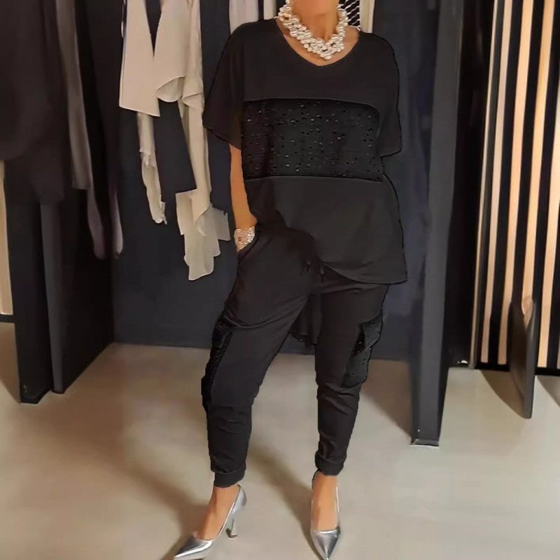 Caroline - Two-Piece Short Sleeve Patchwork T-shirt & Trouser Set