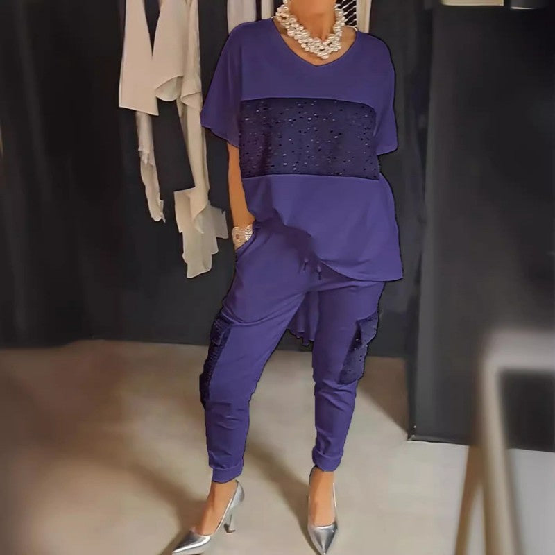 Caroline - Two-Piece Short Sleeve Patchwork T-shirt & Trouser Set