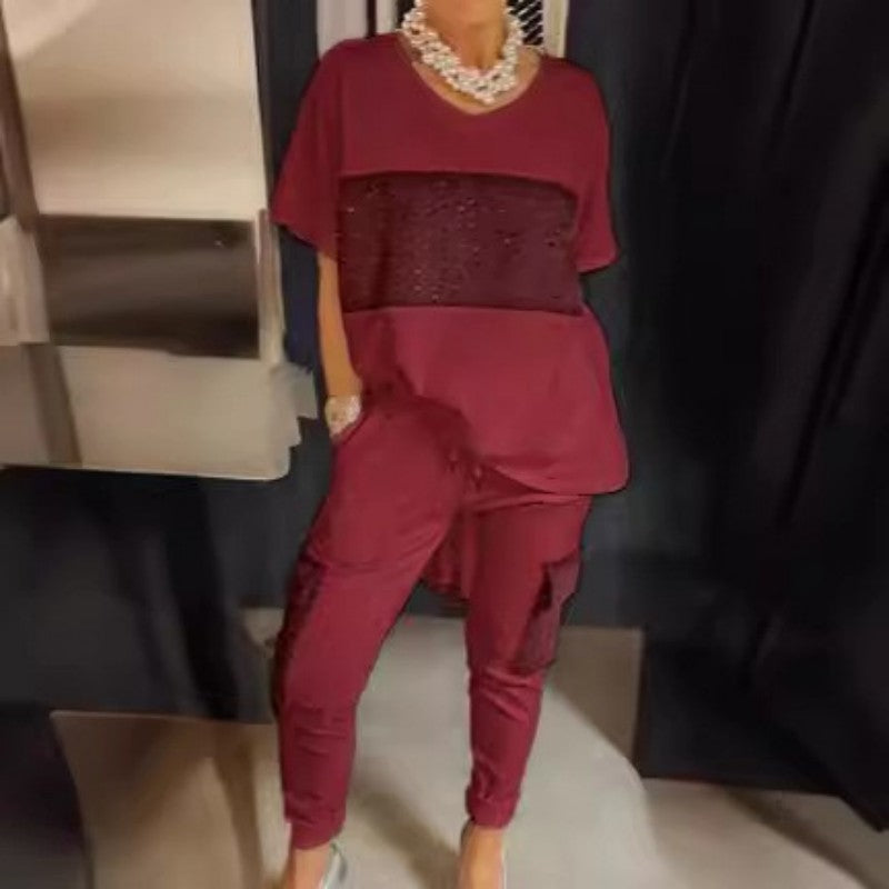Caroline - Two-Piece Short Sleeve Patchwork T-shirt & Trouser Set