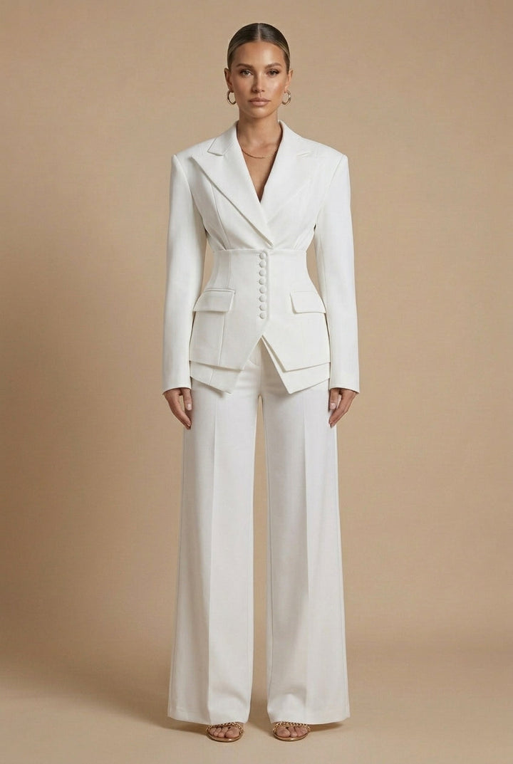 Women's Tailored Two Piece Suit - Peaked Lapel - Wide-Leg Trousers