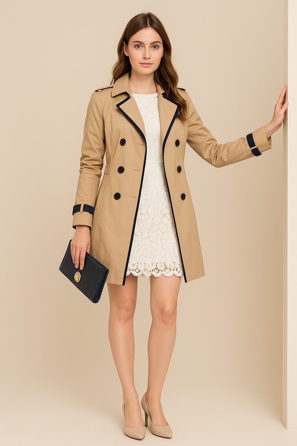 Catie - Double-Breasted Trench Coat with Contrast Trim